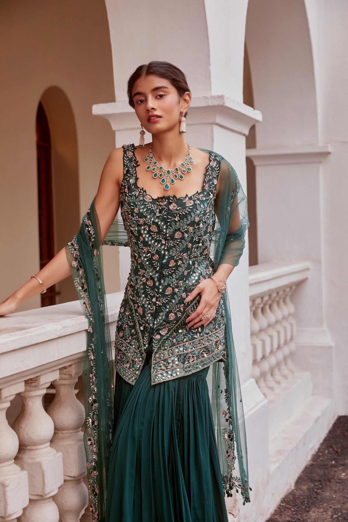 Sanya Gulati - Teal green Short Shirt with Sharara and Dupatta Set from Fizah