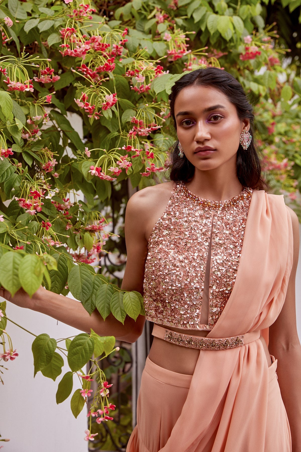 Sanya Gulati - Rose Gold Tonal Embroidered Blouse and Saree from Fizah