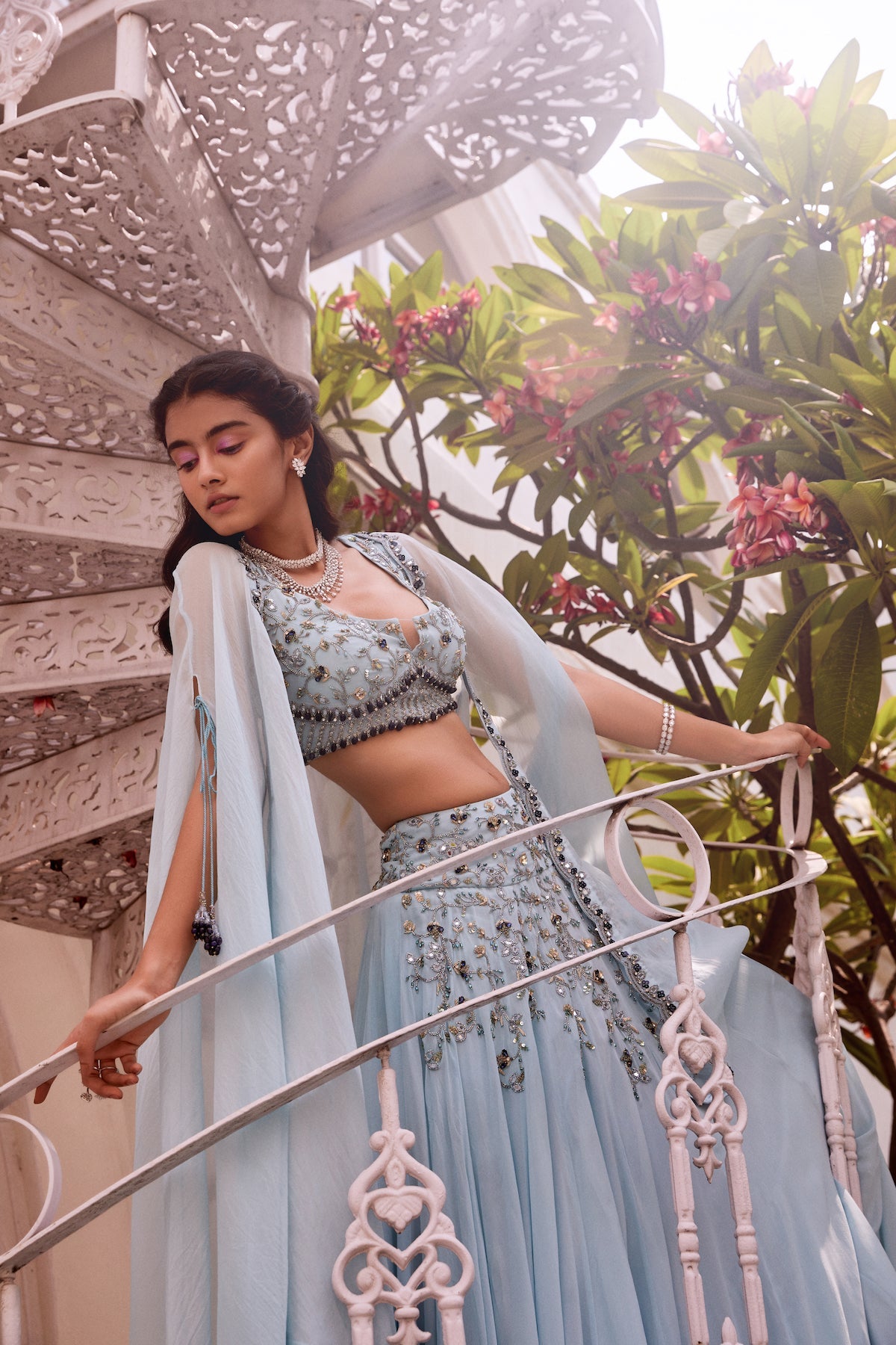 Sanya Gulati - Ice blue Embroidered Lehenga Blouse with Cape Set from Fizah