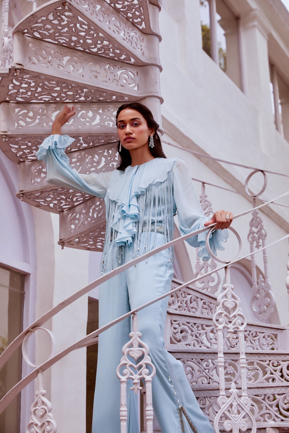 Sanya Gulati - Ice Blue Ruffle Top and Pants Set from Fizah