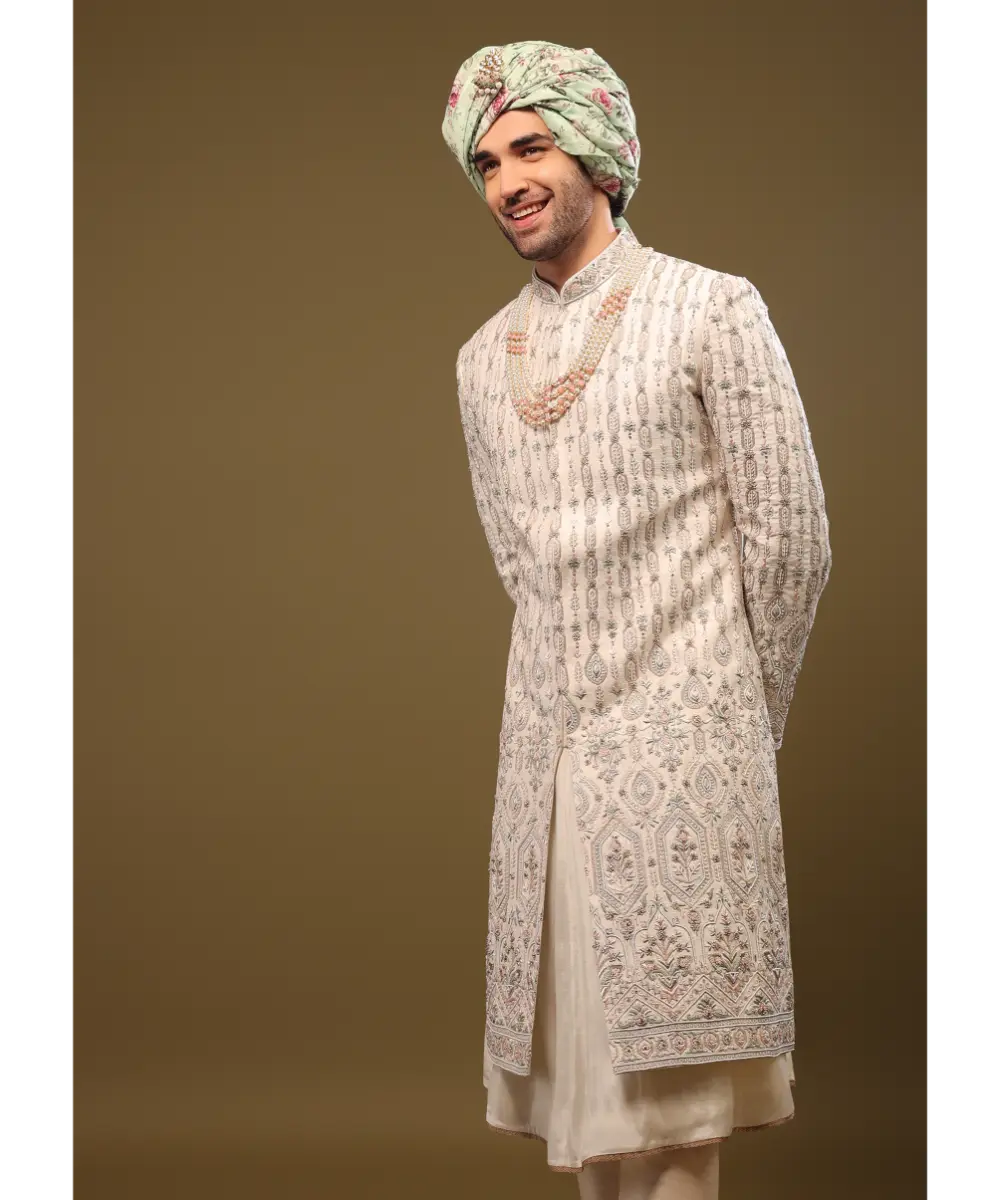 KALKI - Beige White Thread Embroidered Silk Sherwani Set With Zari And Beads
