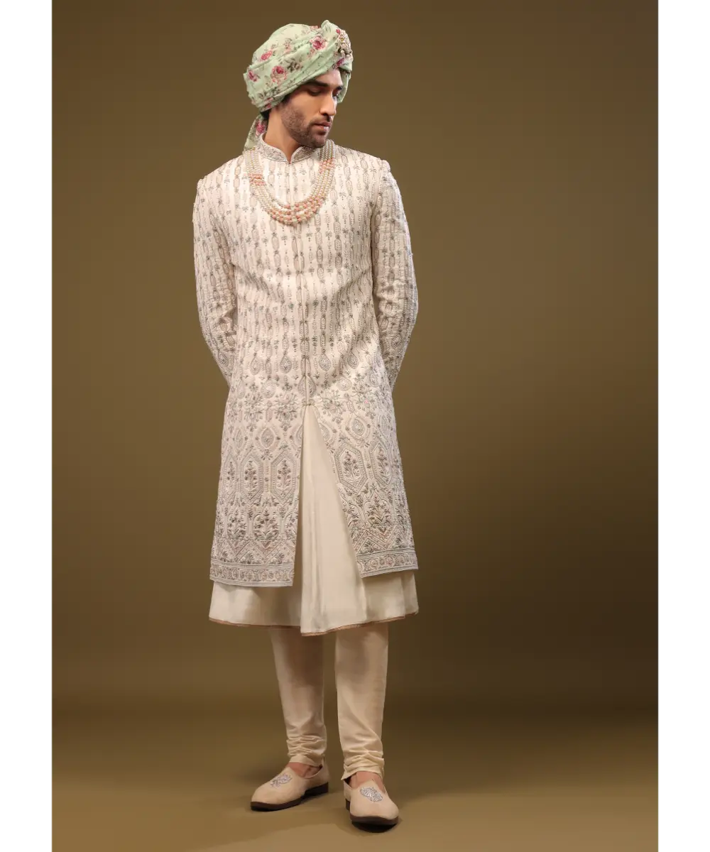 KALKI - Beige White Thread Embroidered Silk Sherwani Set With Zari And Beads