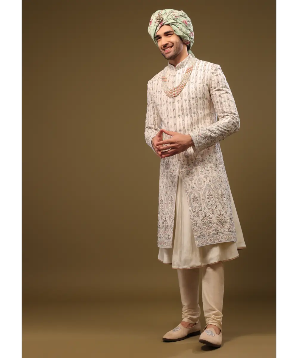 KALKI - Beige White Thread Embroidered Silk Sherwani Set With Zari And Beads
