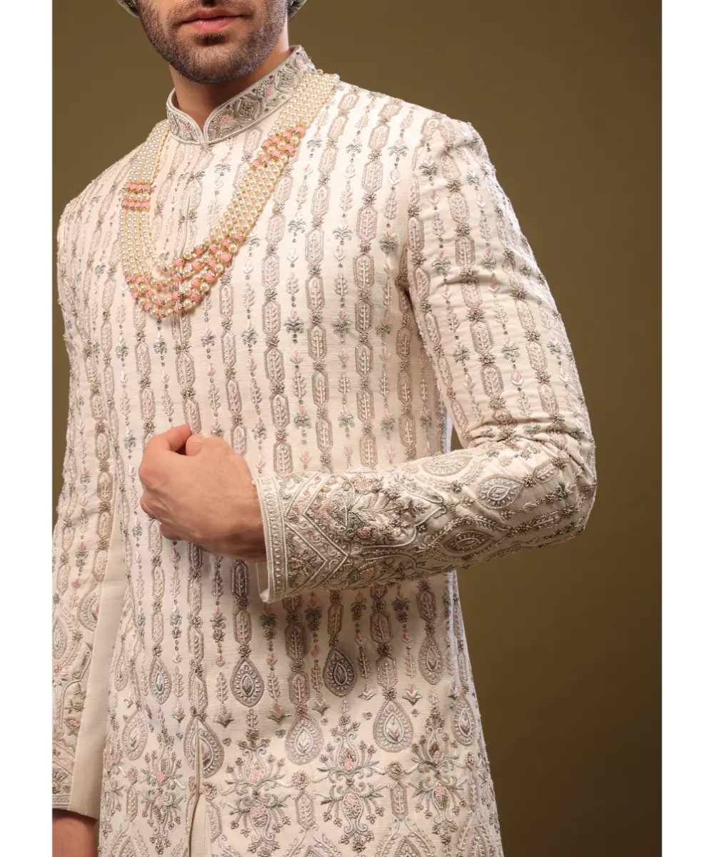 KALKI - Beige White Thread Embroidered Silk Sherwani Set With Zari And Beads
