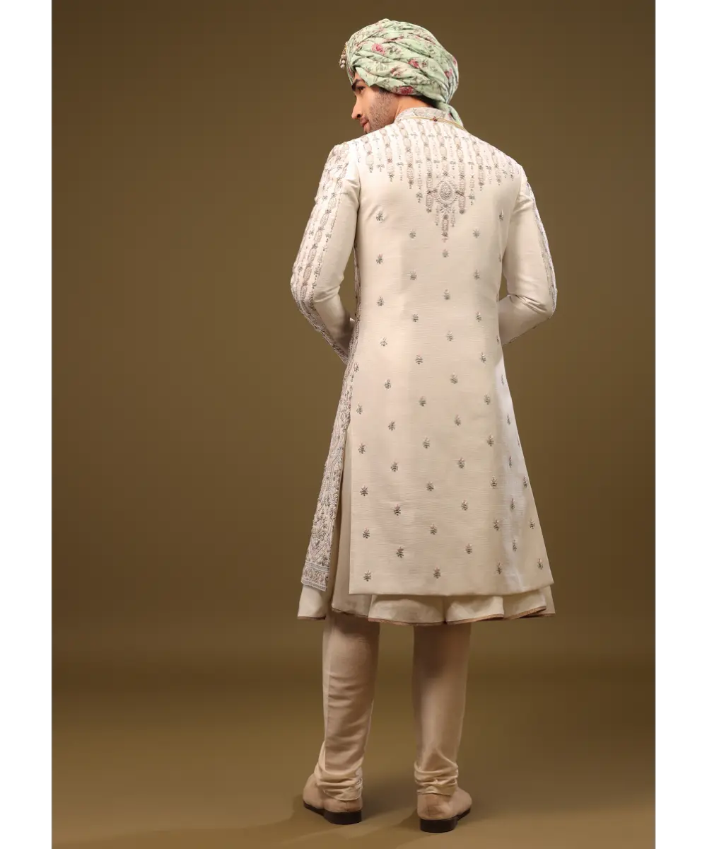 KALKI - Beige White Thread Embroidered Silk Sherwani Set With Zari And Beads