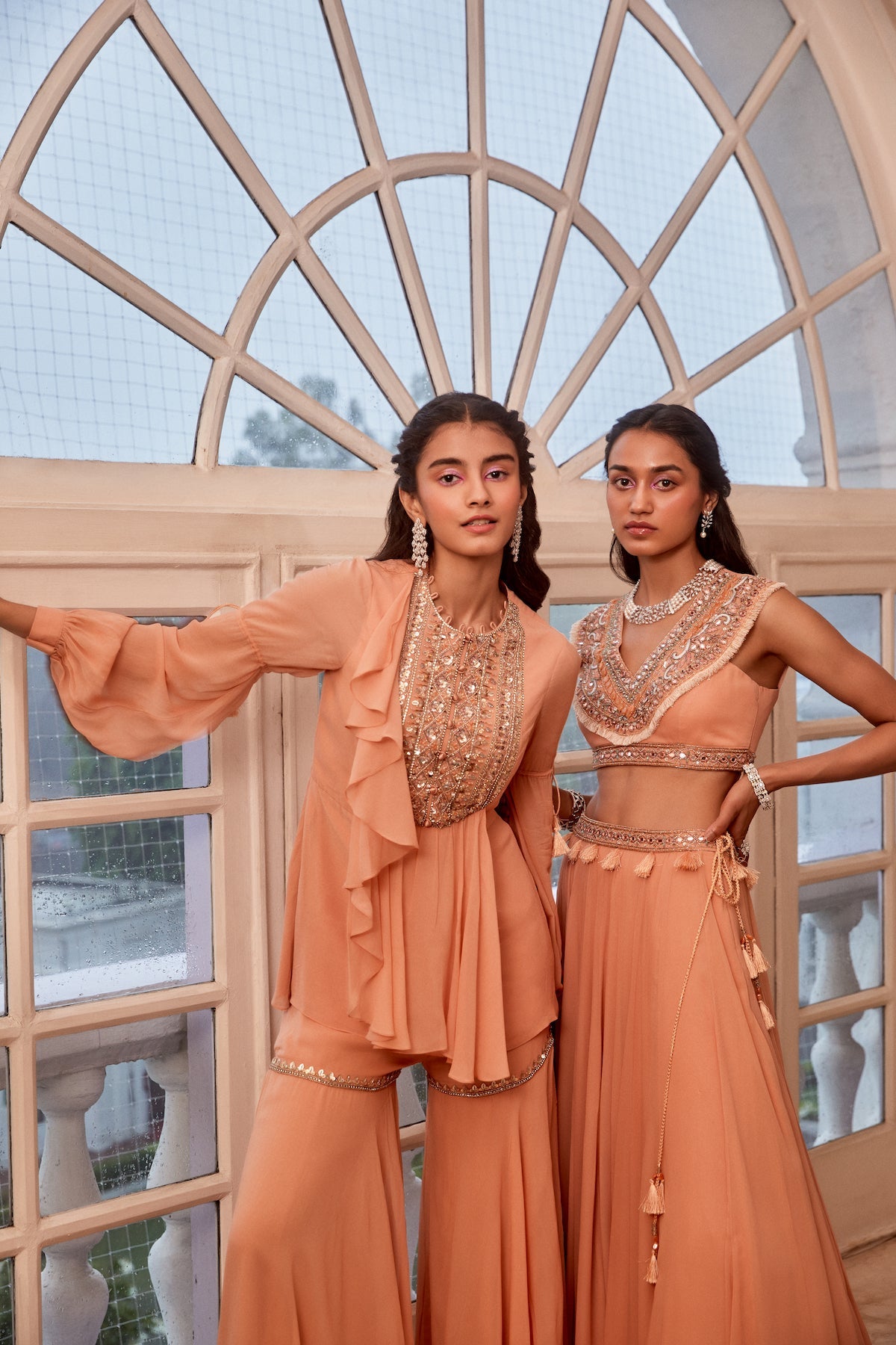 Sanya Gulati - Rose Gold Short Ruffle Kurta with Biased Pants Set from Fizah