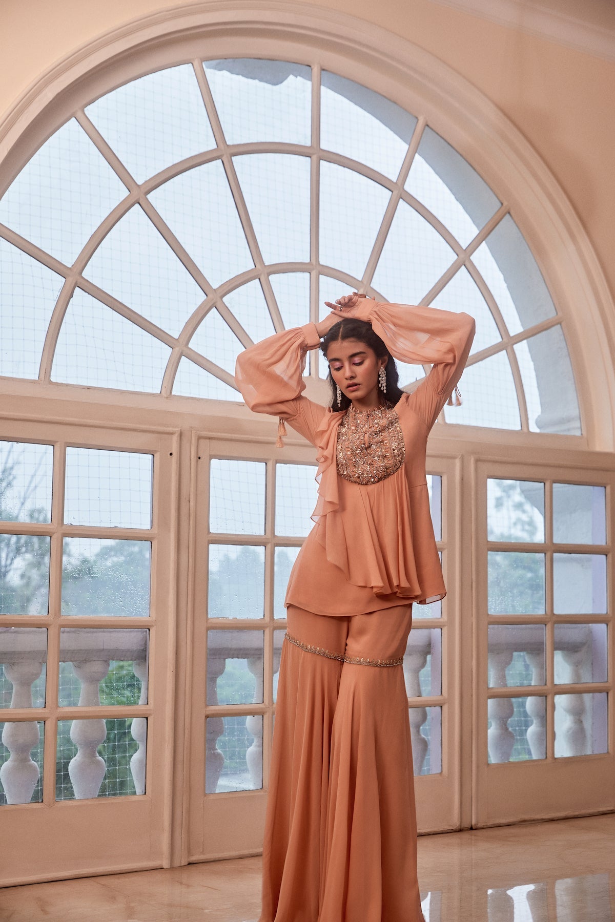 Sanya Gulati - Rose Gold Short Ruffle Kurta with Biased Pants Set from Fizah