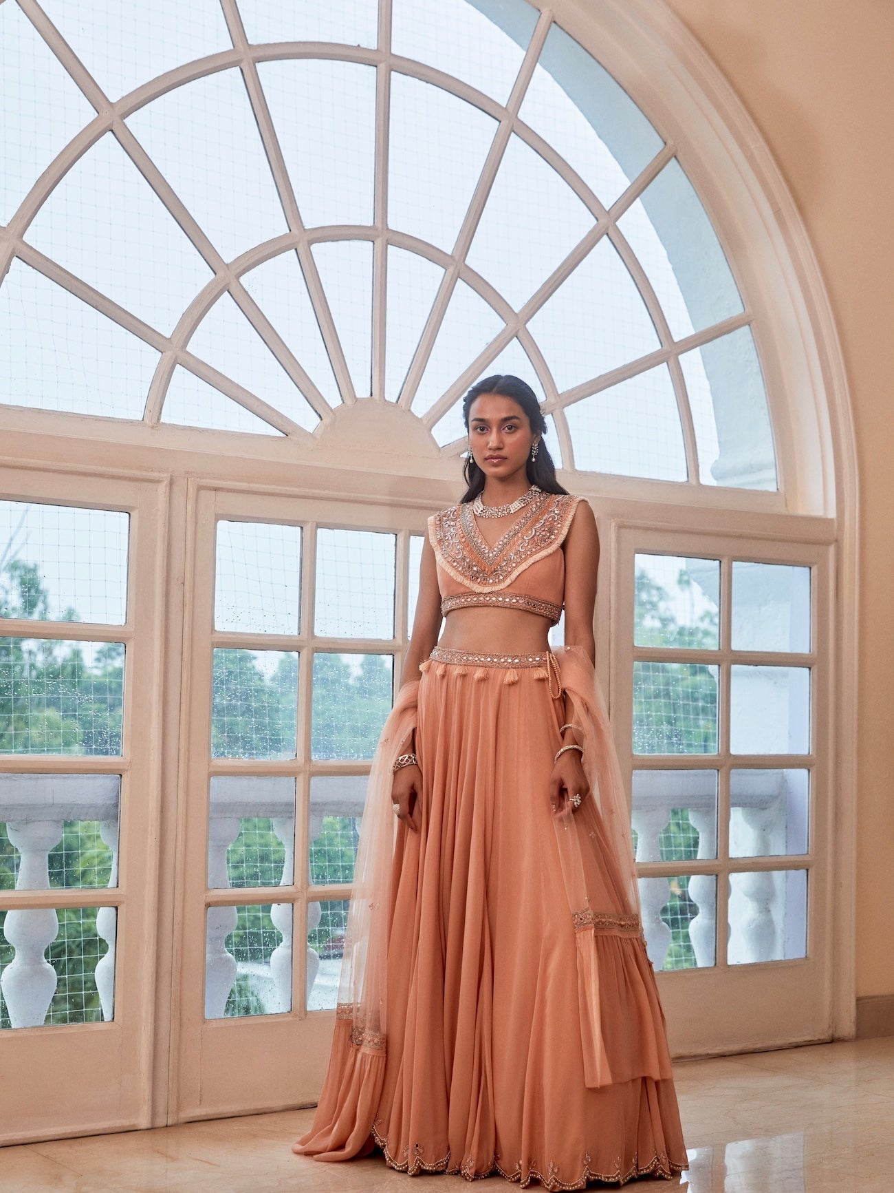 Sanya Gulati - Rose Gold Lehenga with Boho Blouse and Dupatta Set from Fizah