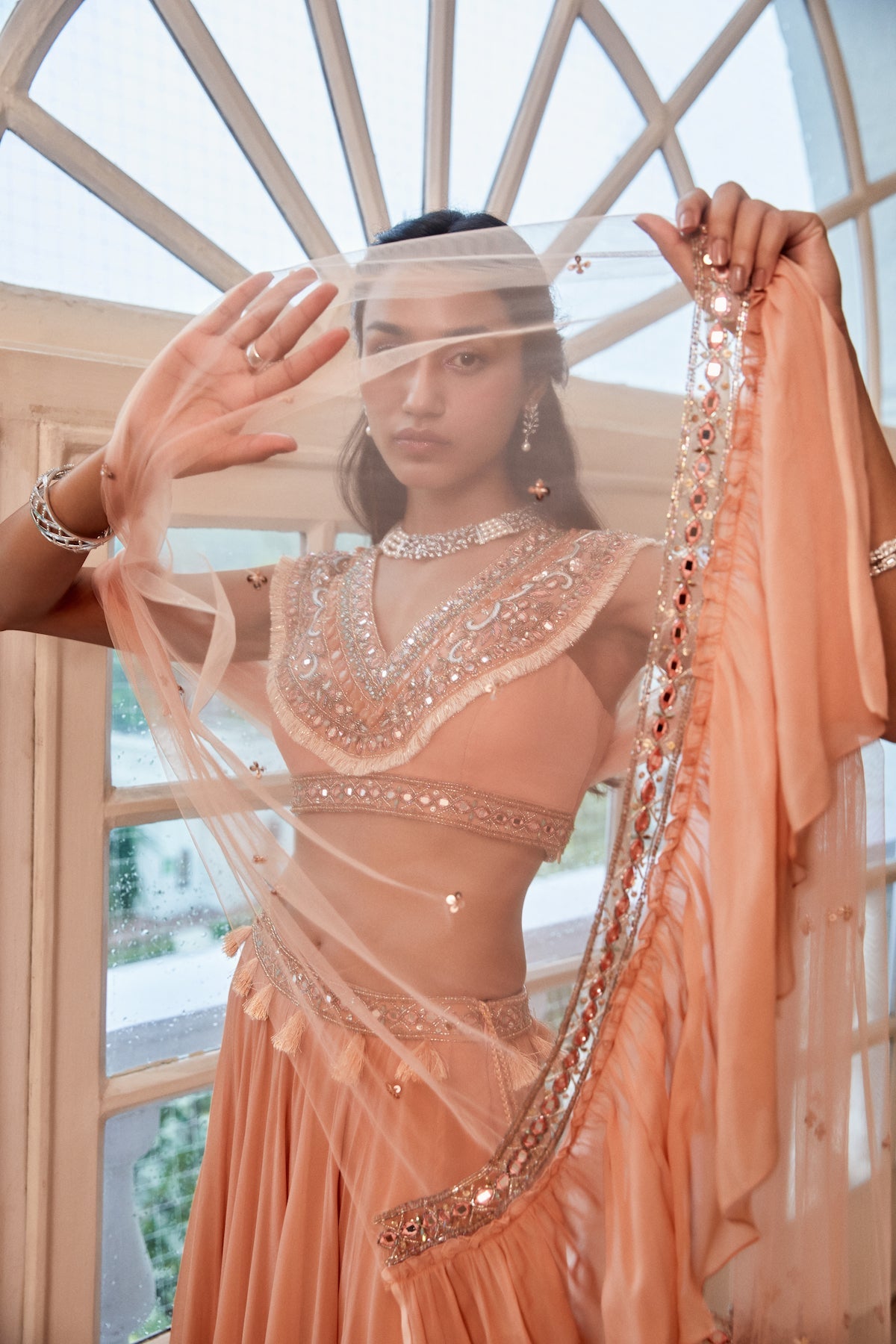 Sanya Gulati - Rose Gold Lehenga with Boho Blouse and Dupatta Set from Fizah