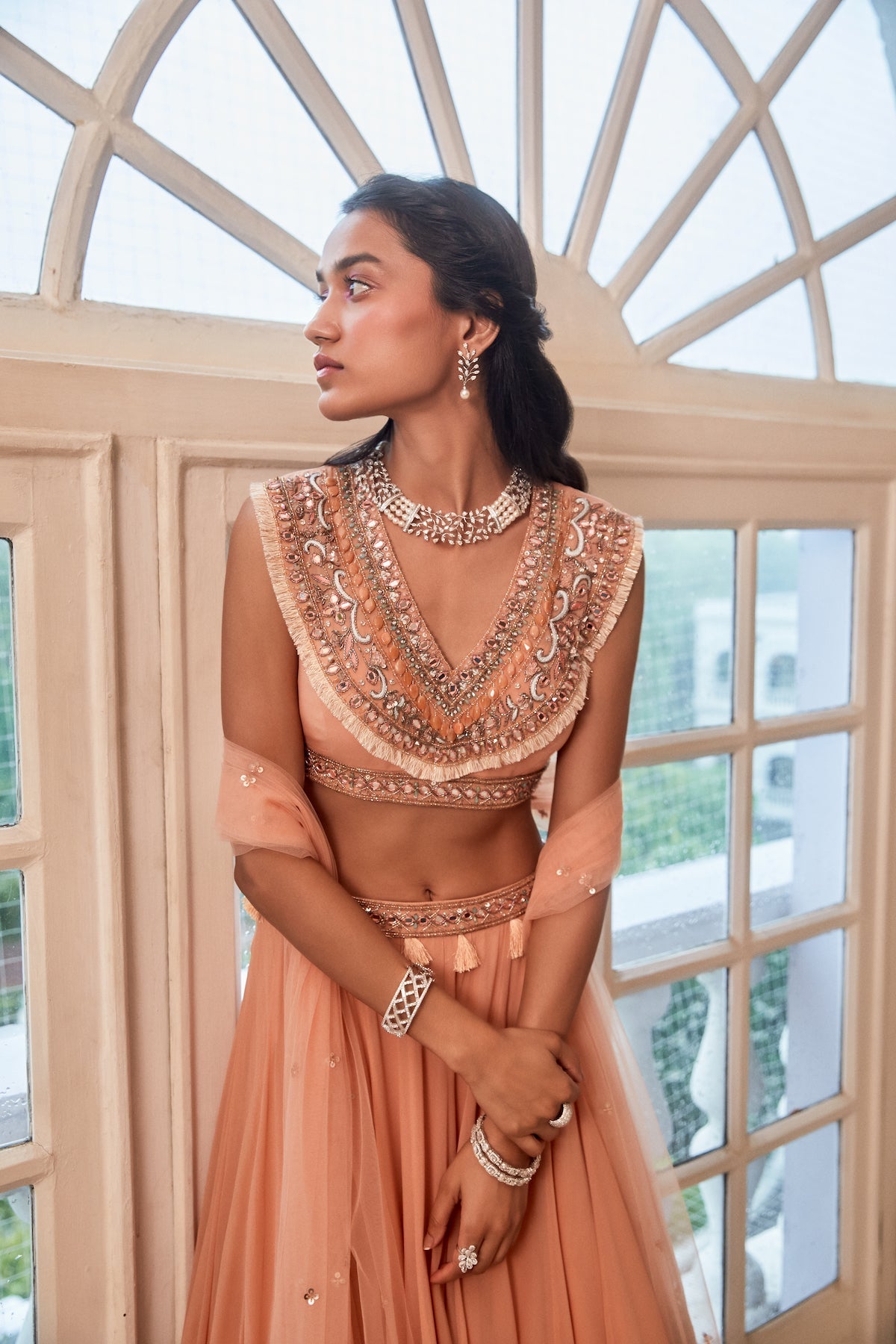 Sanya Gulati - Rose Gold Lehenga with Boho Blouse and Dupatta Set from Fizah
