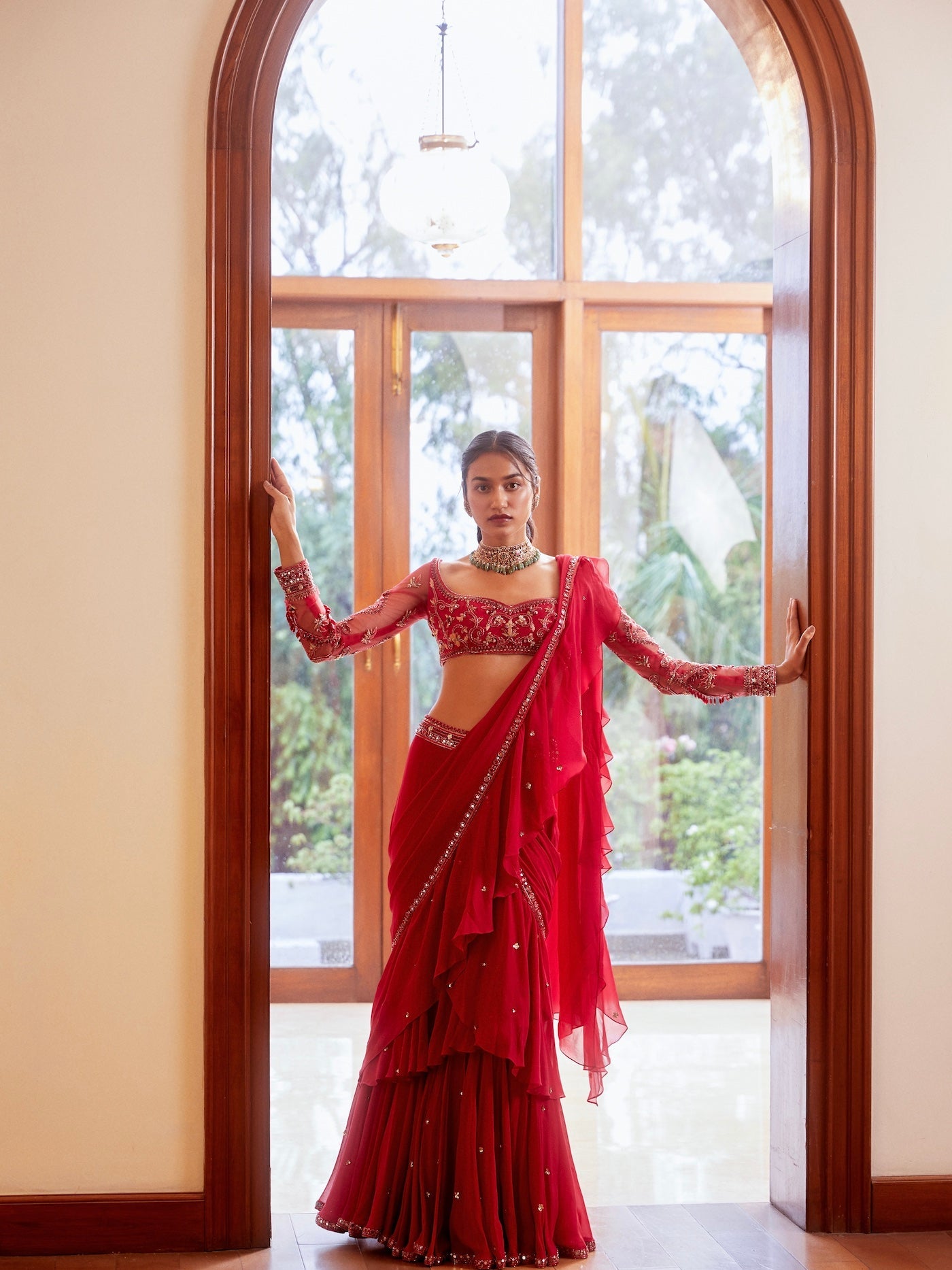 Sanya Gulati - Fuchsia Pre-Stitched Ruffle Saree with Blouse from Fizah