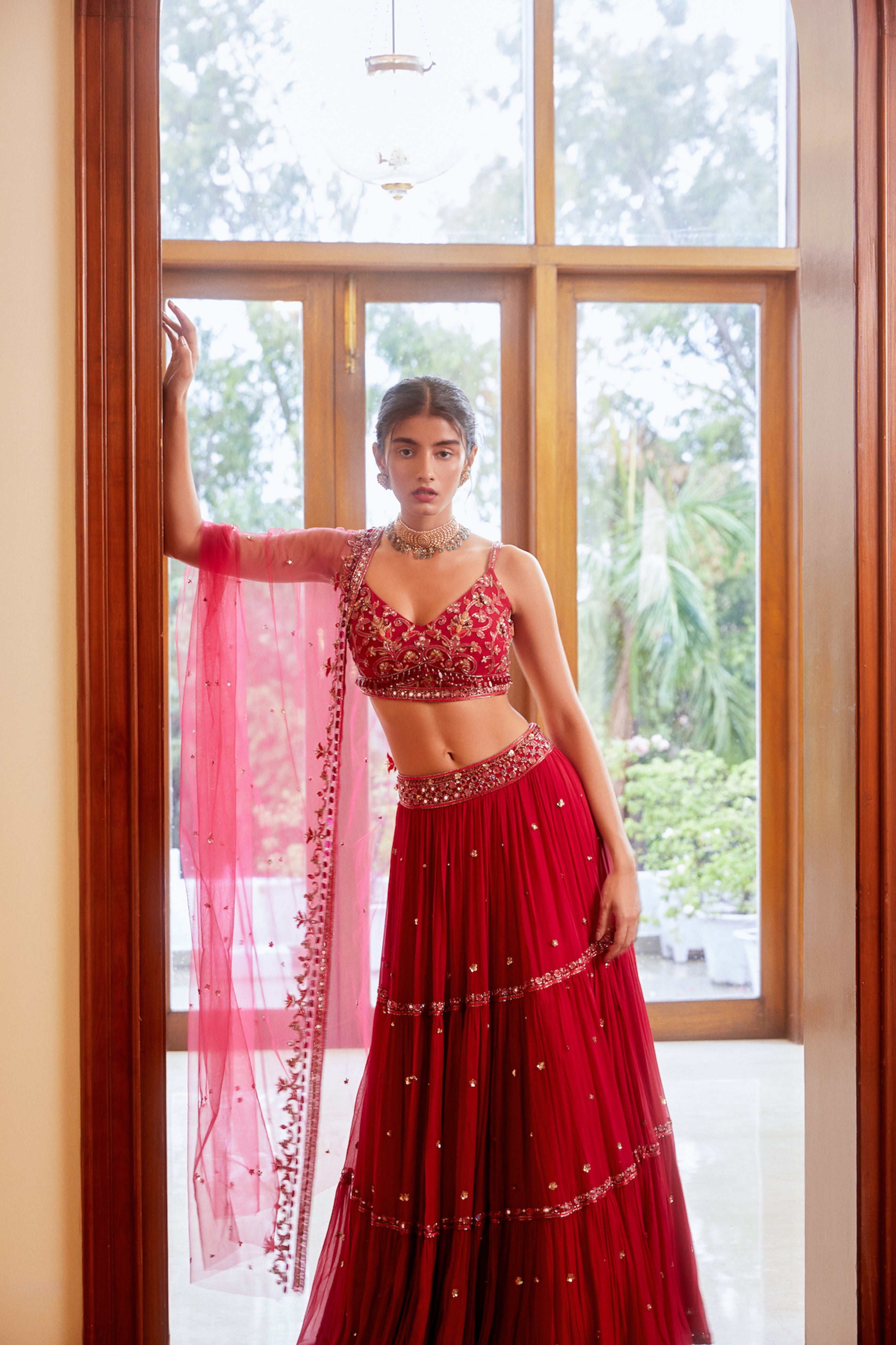 Sanya Gulati - Fuchsia Three Tiered Lehenga with Blouse and Dupatta Set from Fizah