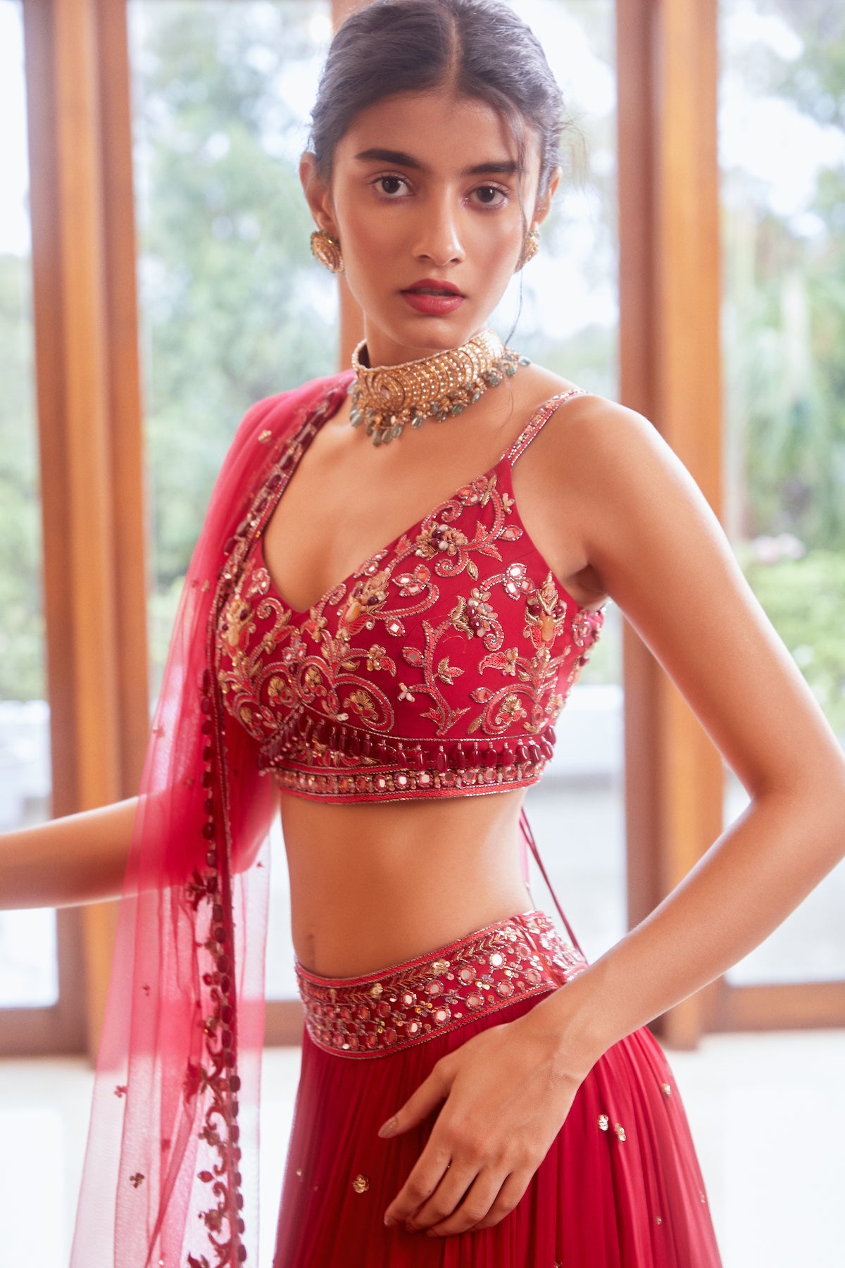 Sanya Gulati - Fuchsia Three Tiered Lehenga with Blouse and Dupatta Set from Fizah