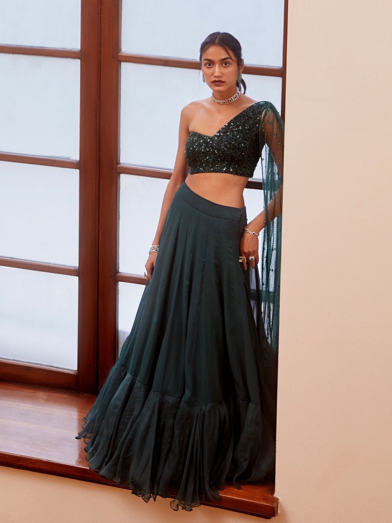 Sanya Gulati - Teal Green Tonal Embroidered Blouse and Lehenga Set from Fizah