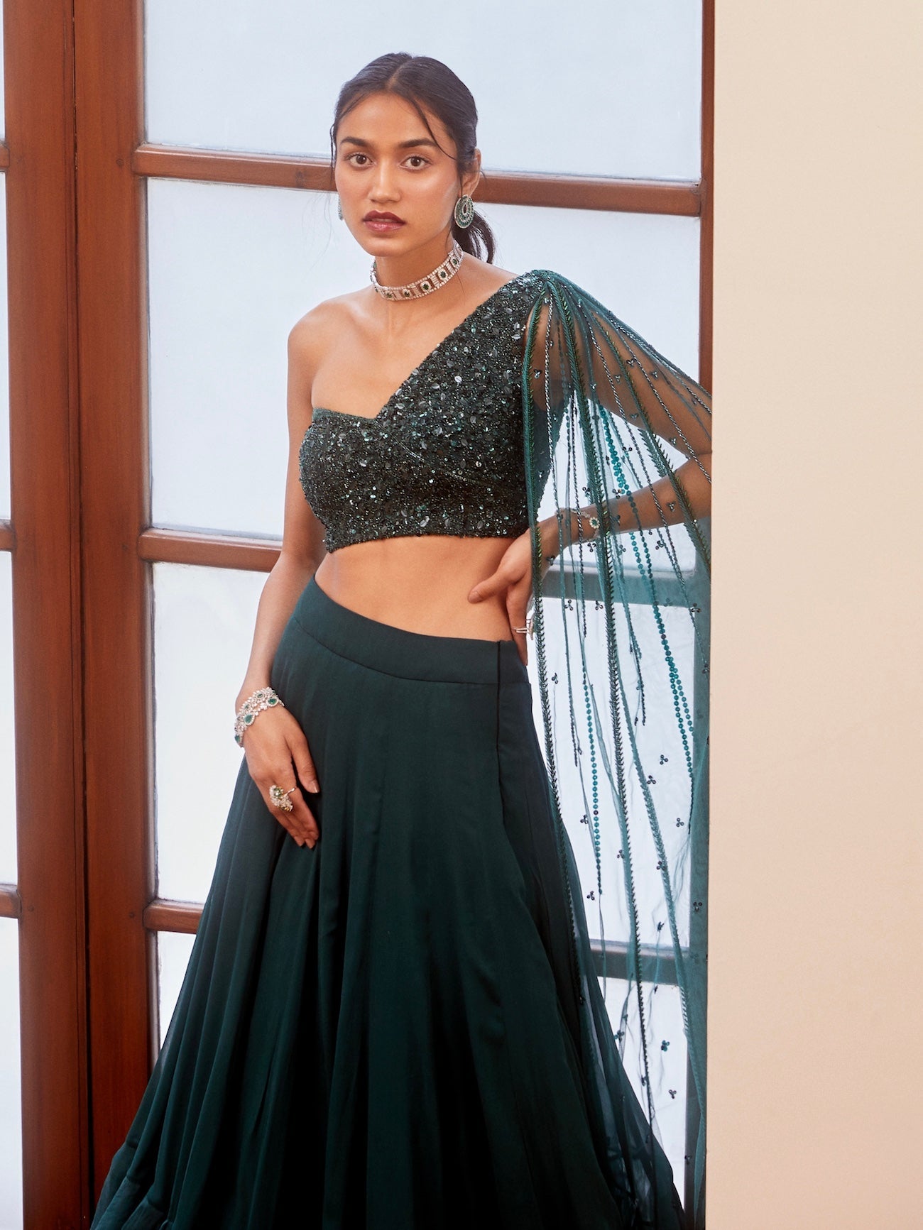 Sanya Gulati - Teal Green Tonal Embroidered Blouse and Lehenga Set from Fizah