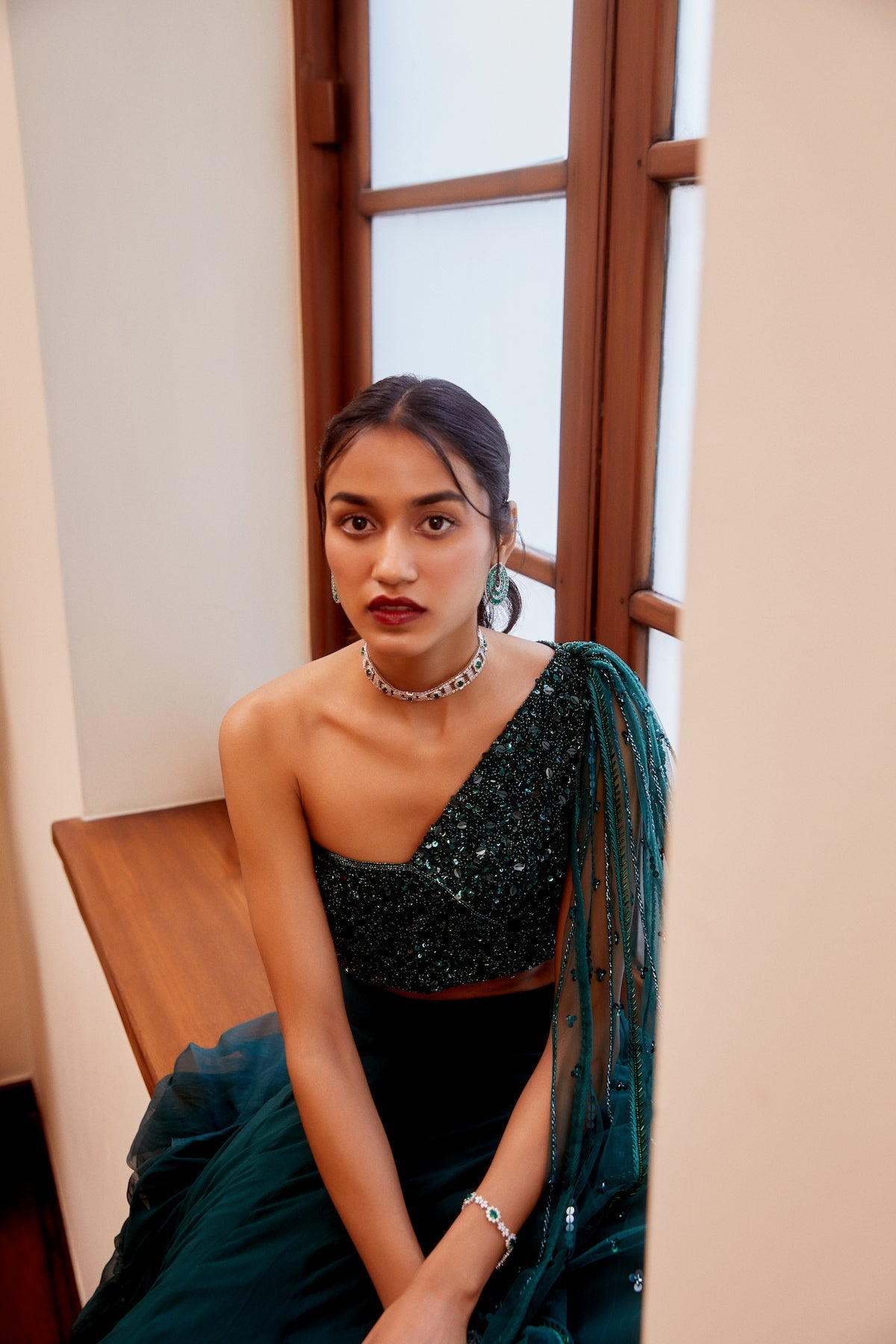 Sanya Gulati - Teal Green Tonal Embroidered Blouse and Lehenga Set from Fizah