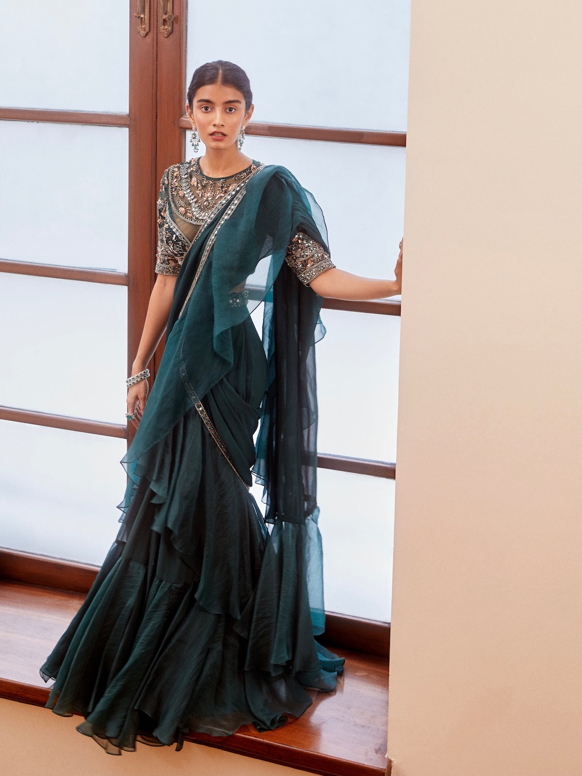 Sanya Gulati - Teal Green Ruffle Saree and Bustier from Fizah