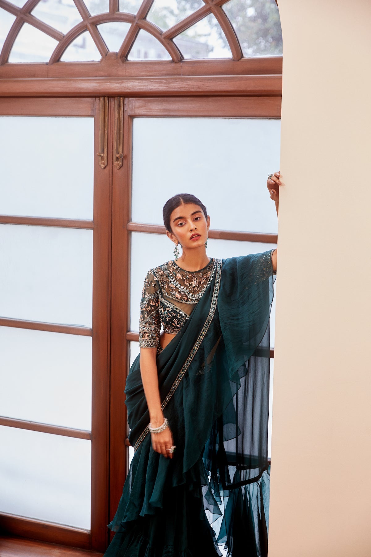 Sanya Gulati - Teal Green Mirrorwork Blouse and Ruffle Saree from Fizah