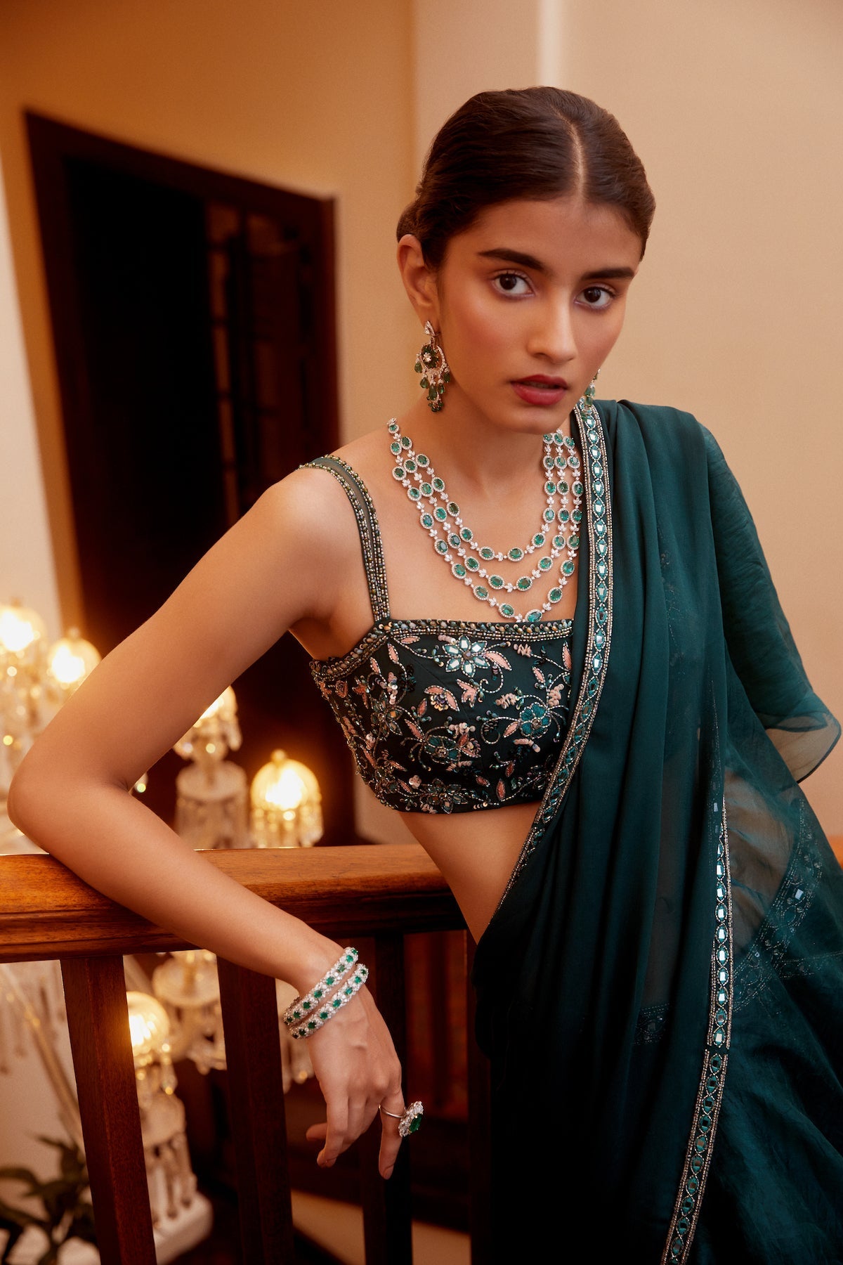 Sanya Gulati - Teal Green Ruffle Saree and Bustier from Fizah