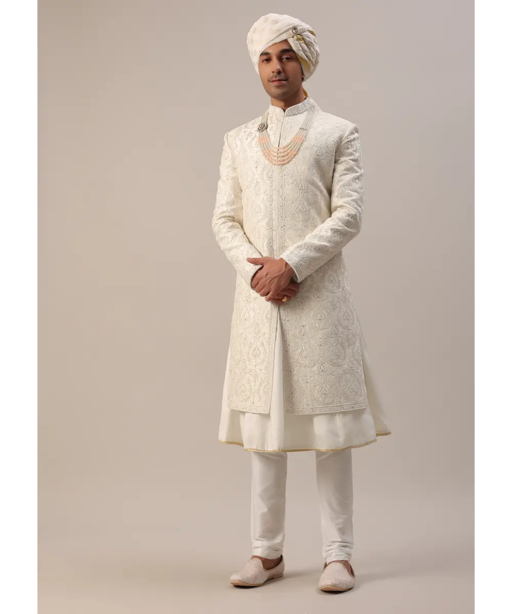 KALKI - Ivory White Machine Embroidered Sherwani Set In Silk