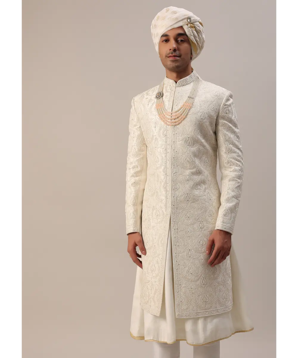 KALKI - Ivory White Machine Embroidered Sherwani Set In Silk