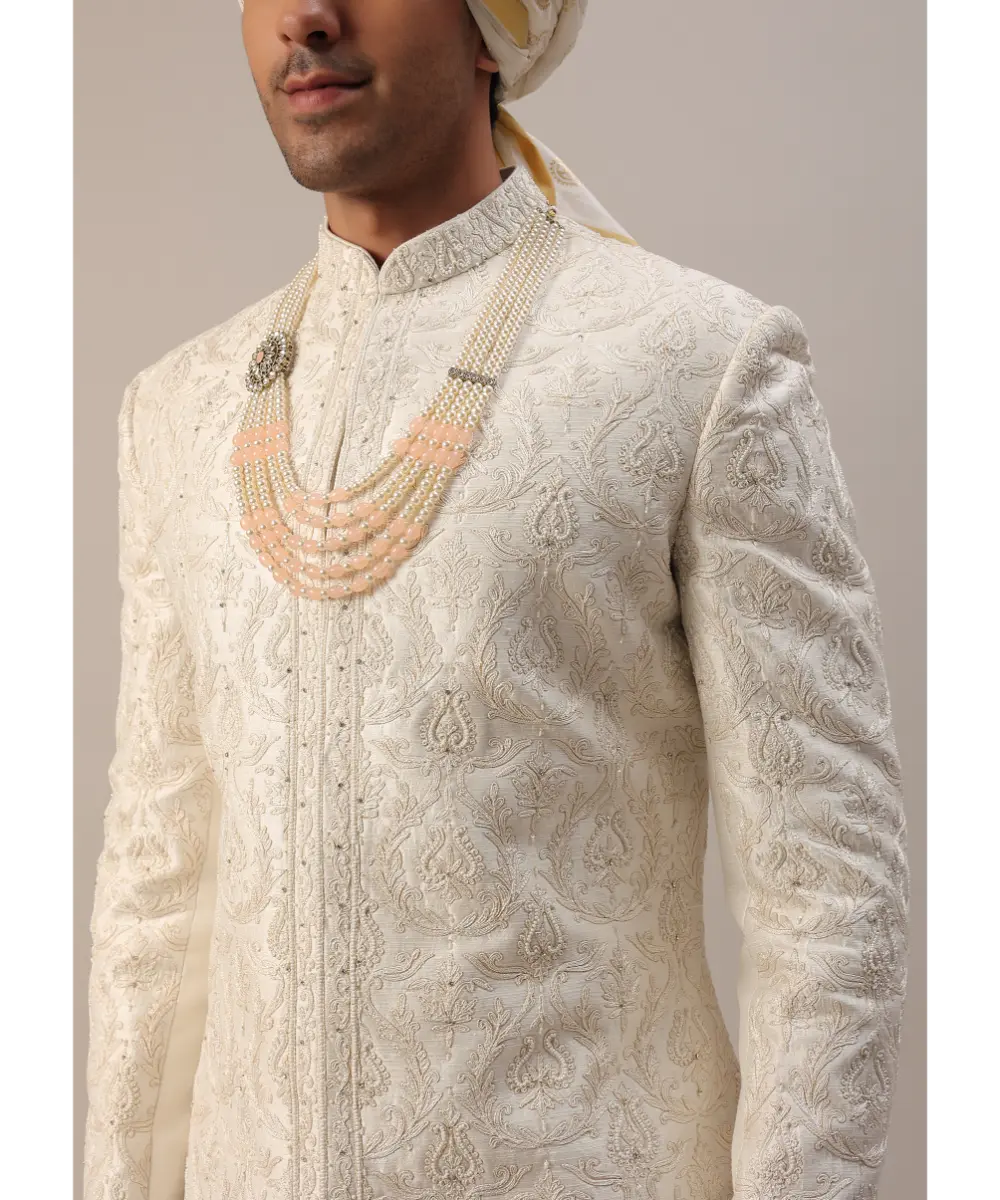 KALKI - Ivory White Machine Embroidered Sherwani Set In Silk
