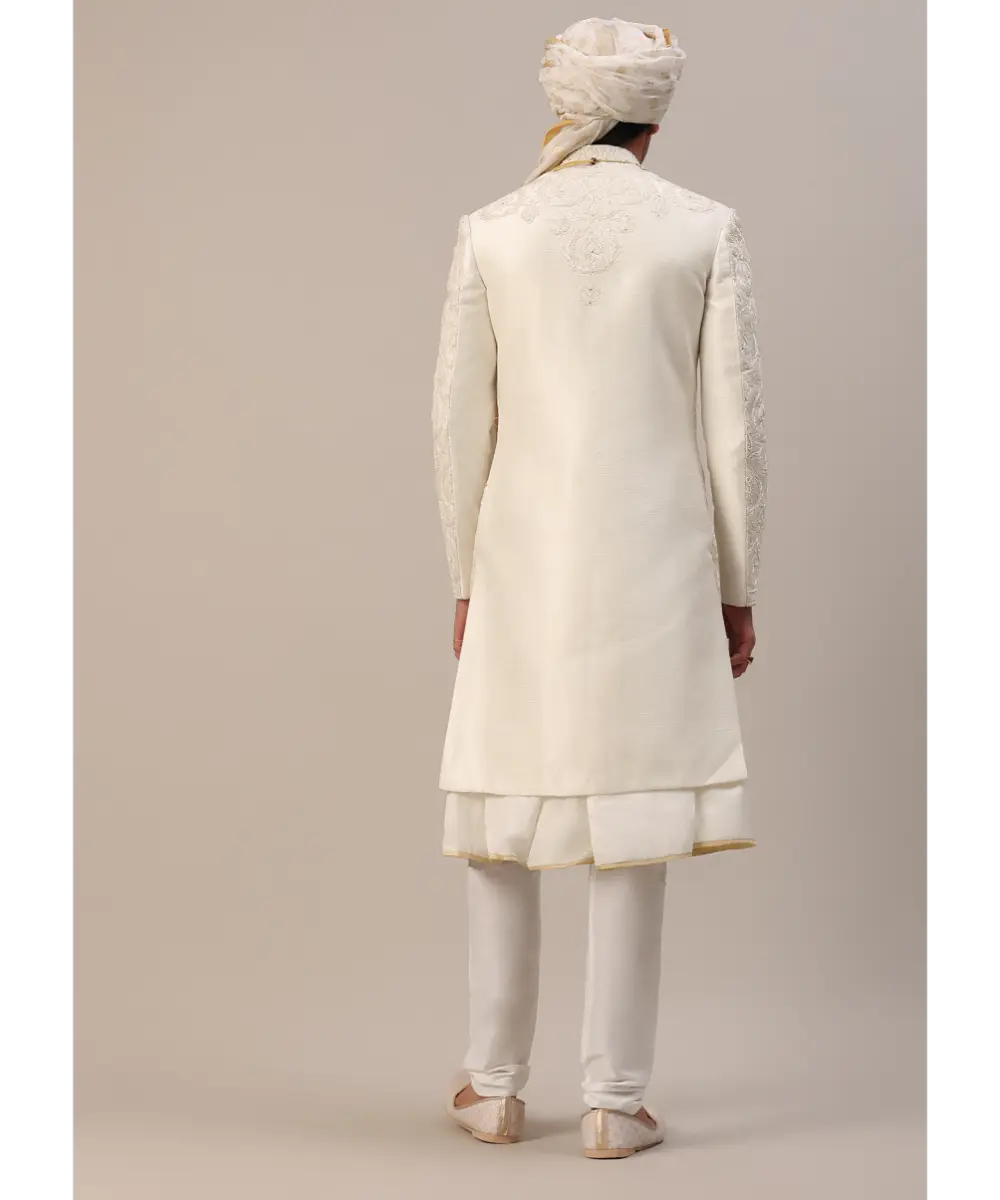 KALKI - Ivory White Machine Embroidered Sherwani Set In Silk