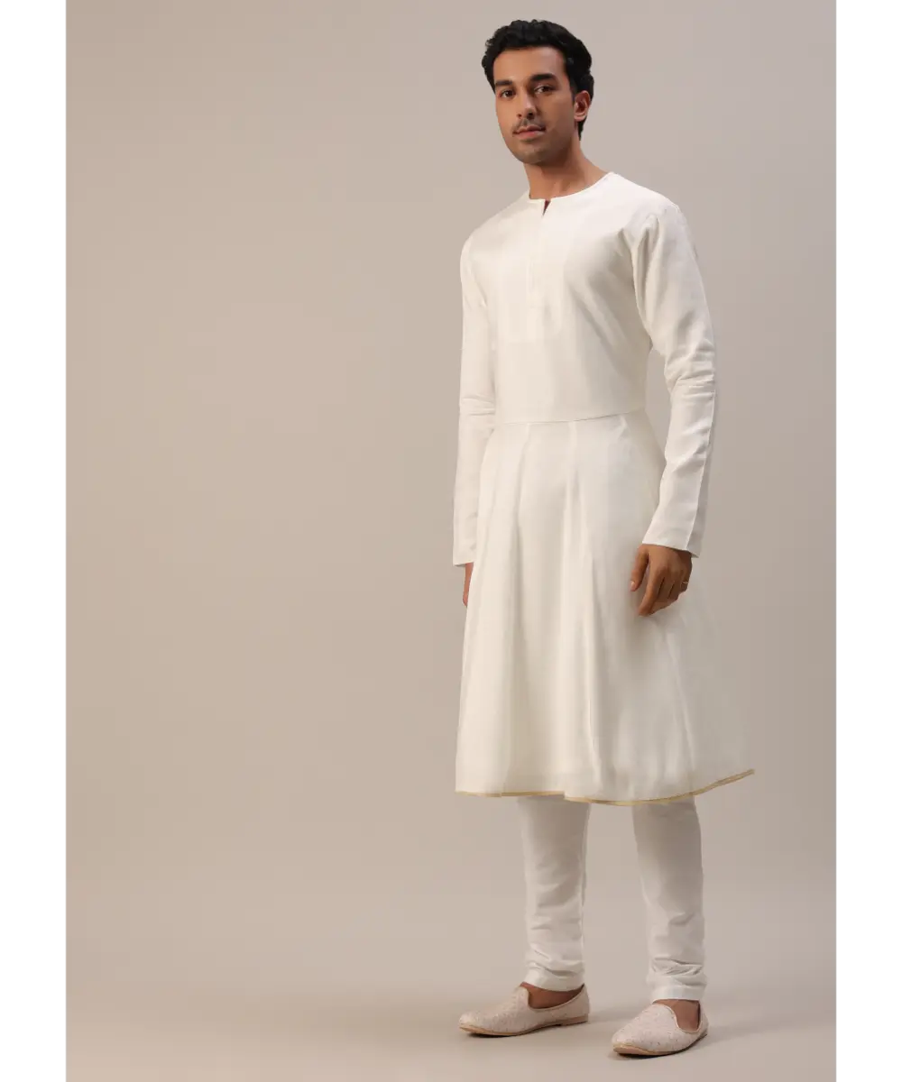 KALKI - Ivory White Machine Embroidered Sherwani Set In Silk