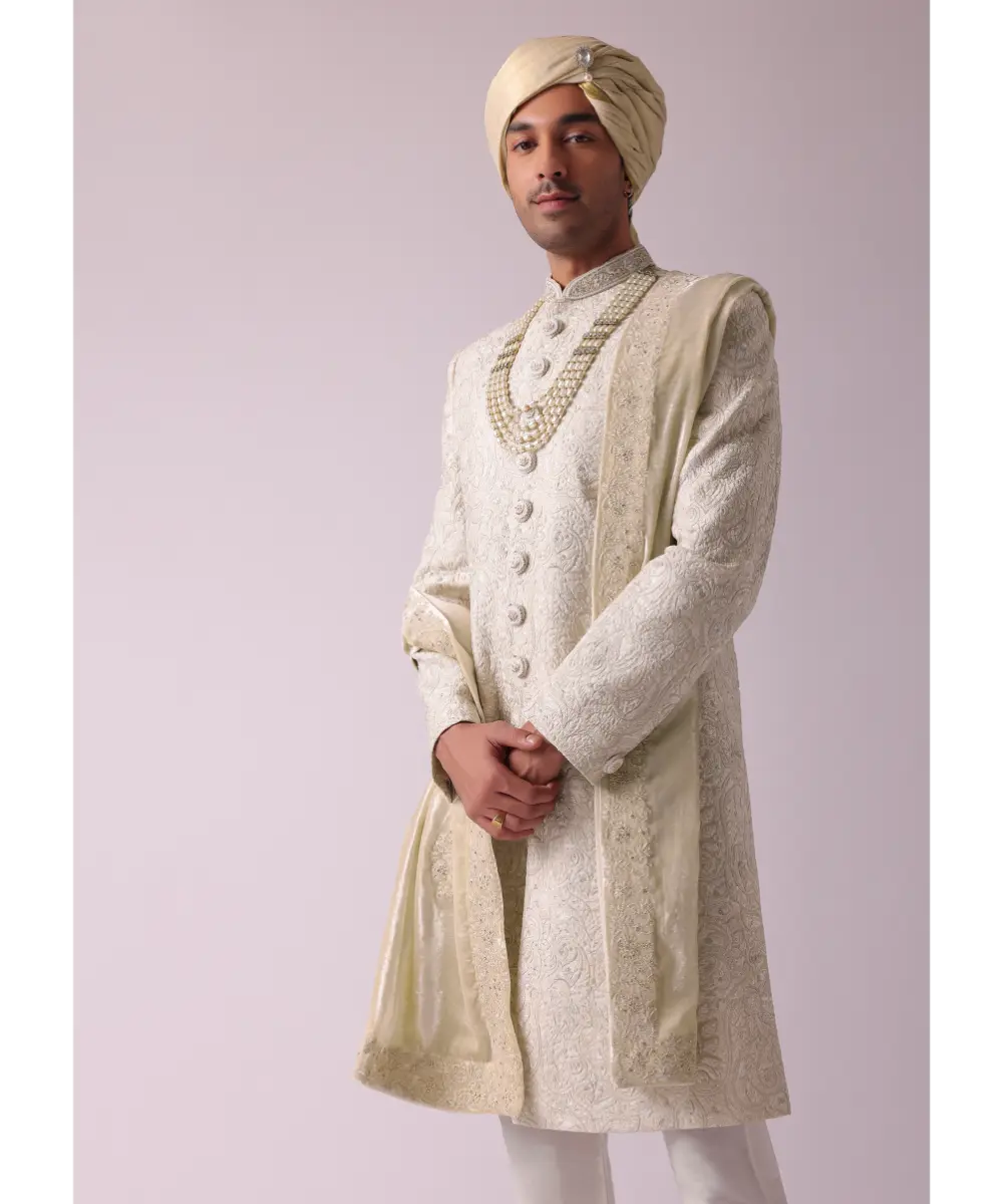 KALKI - Cream White Silk Sherwani With Intricate Embroidery
