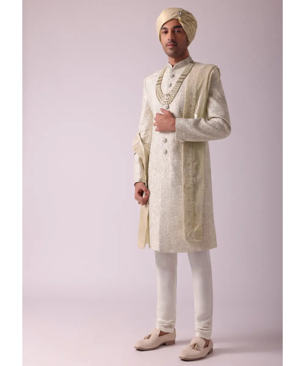 KALKI - Cream White Silk Sherwani With Intricate Embroidery