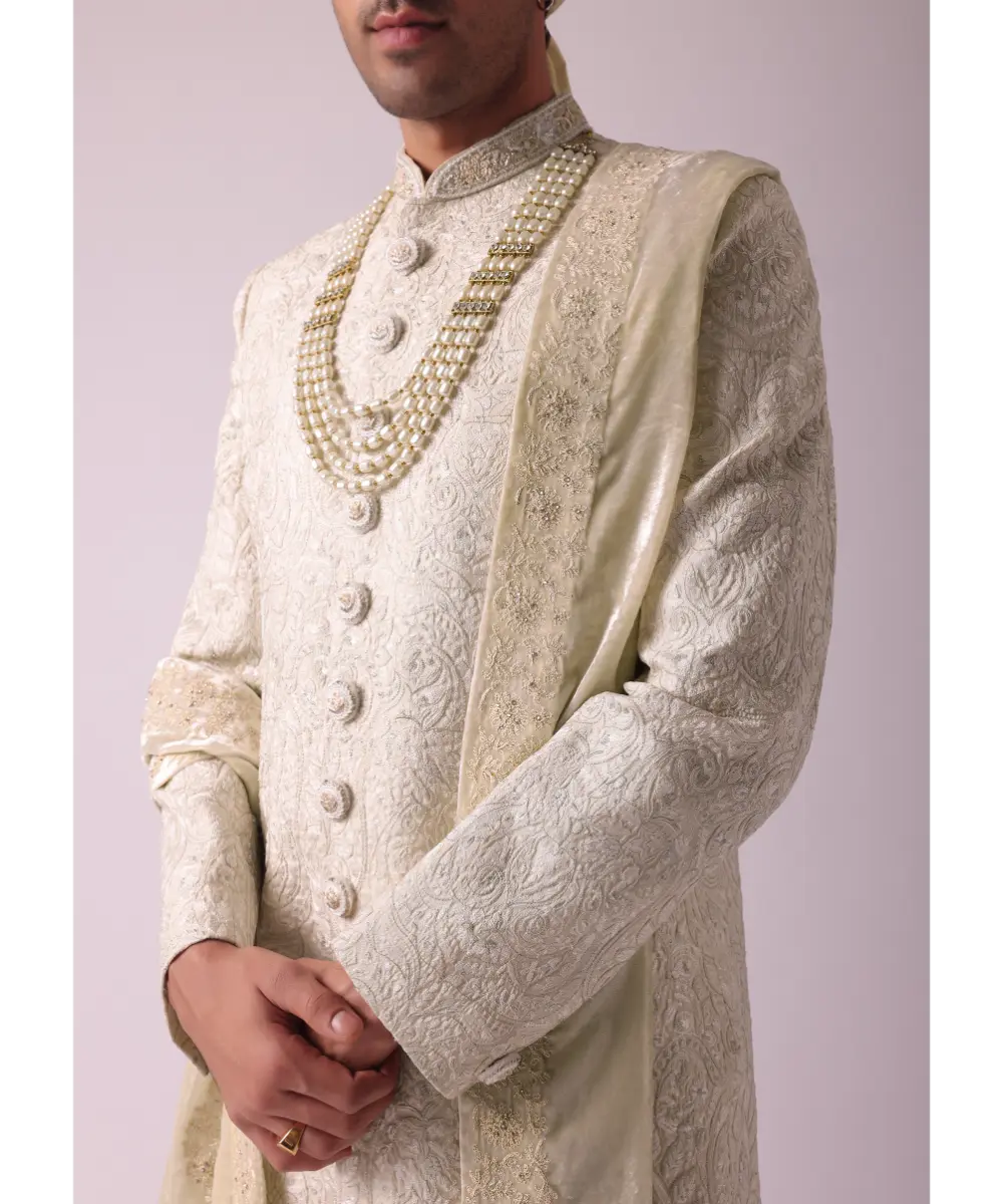 KALKI - Cream White Silk Sherwani With Intricate Embroidery