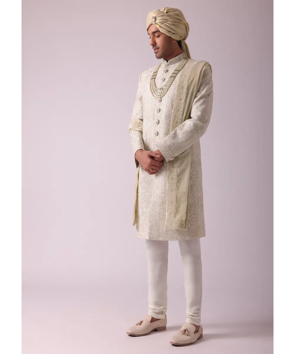 KALKI - Cream White Silk Sherwani With Intricate Embroidery