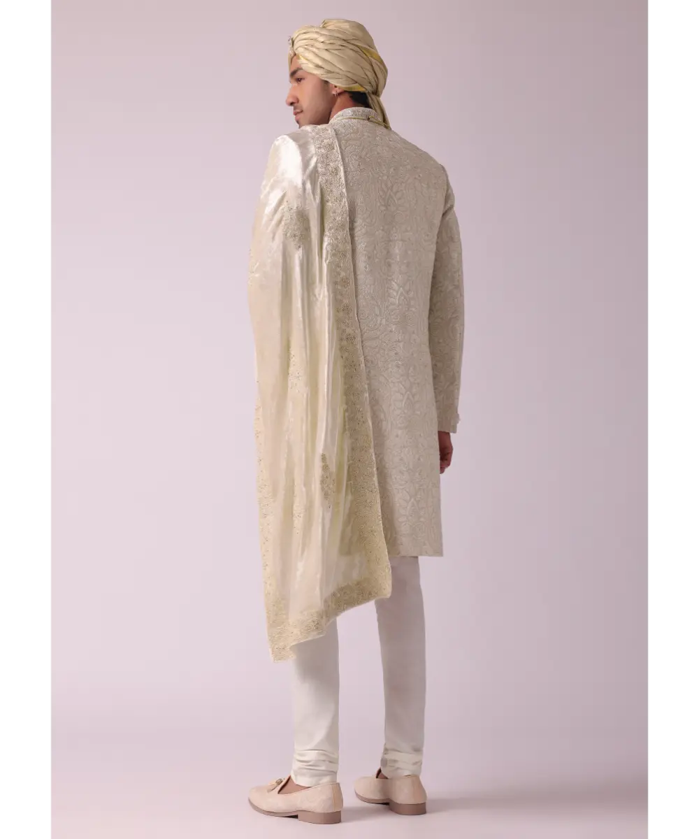 KALKI - Cream White Silk Sherwani With Intricate Embroidery