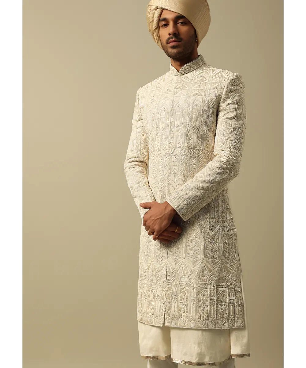 KALKI - Opulent Beige Banarasi Silk Sherwani