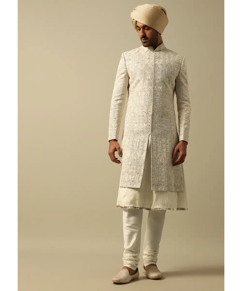 KALKI - Opulent Beige Banarasi Silk Sherwani