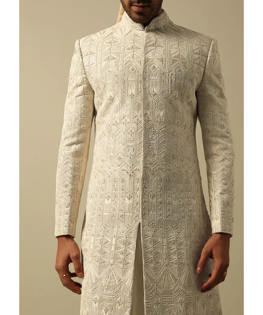 KALKI - Opulent Beige Banarasi Silk Sherwani