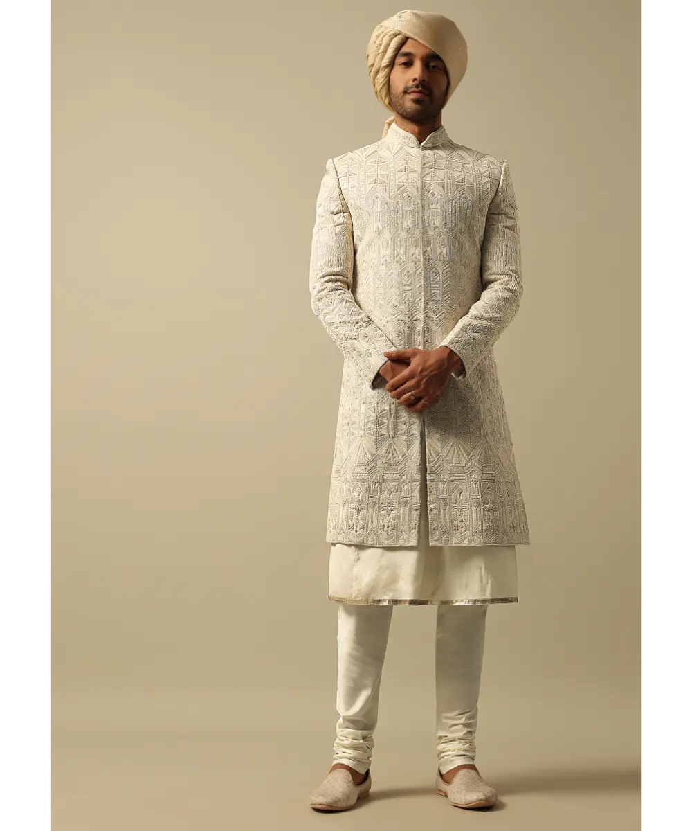 KALKI - Opulent Beige Banarasi Silk Sherwani