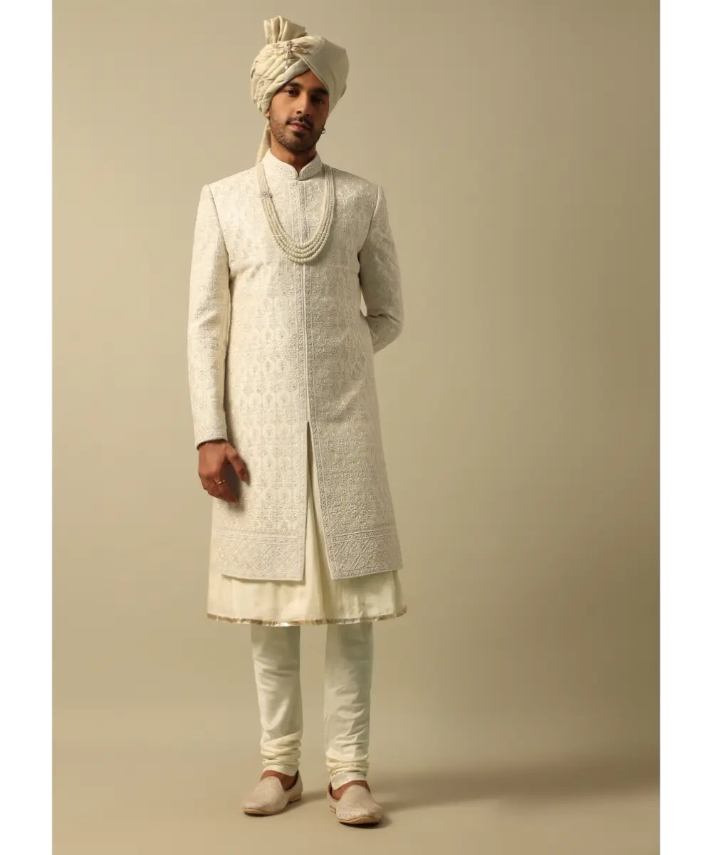 KALKI - Luxurious White Raw Silk Sherwani