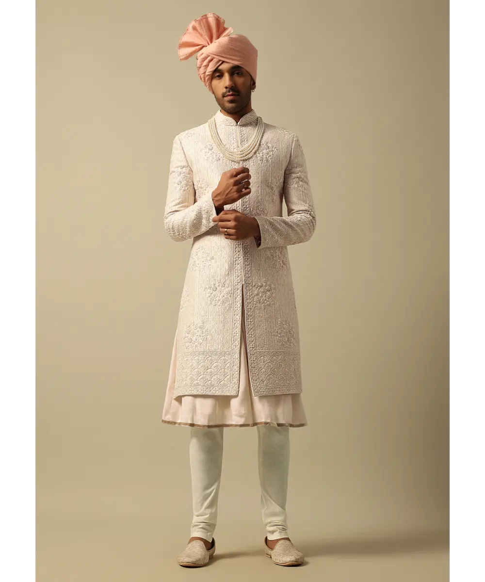 KALKI - Elegant White Raw Silk Sherwani