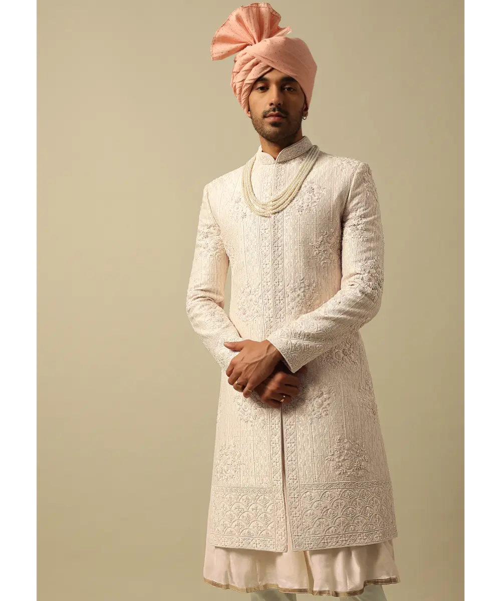 KALKI - Elegant White Raw Silk Sherwani