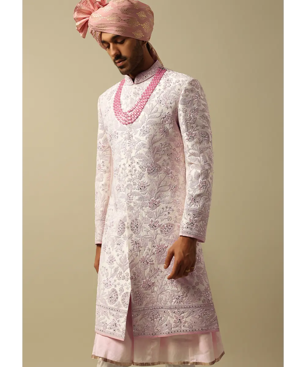 KALKI - Exquisite Pink Raw Silk Sherwani