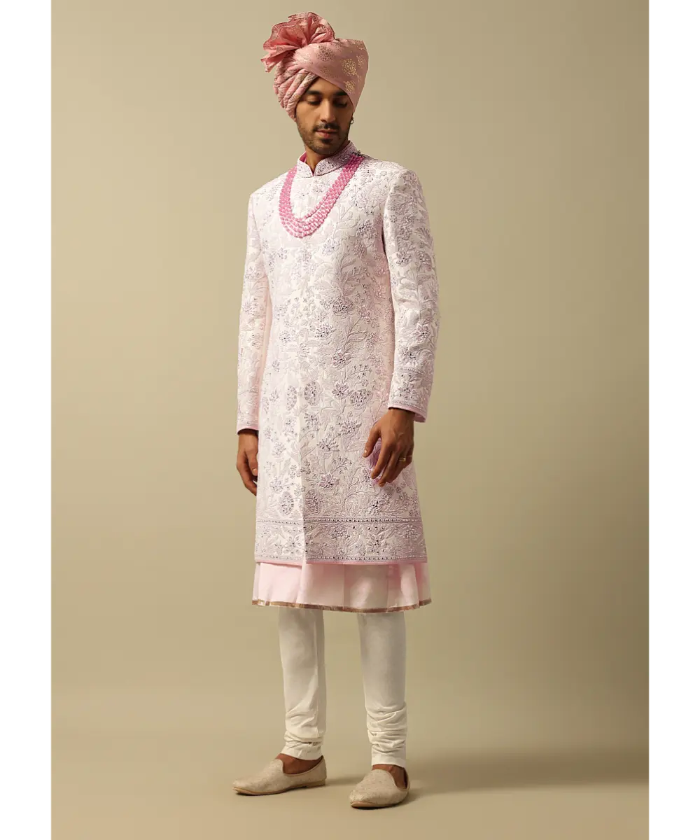 KALKI - Exquisite Pink Raw Silk Sherwani