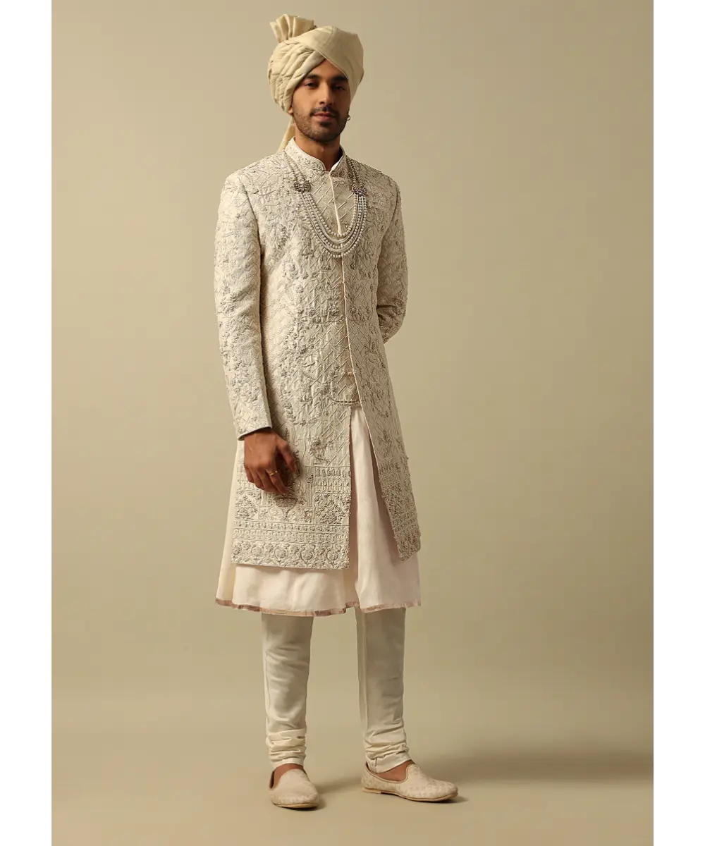 KALKI - Opulent White Raw Silk Sherwani