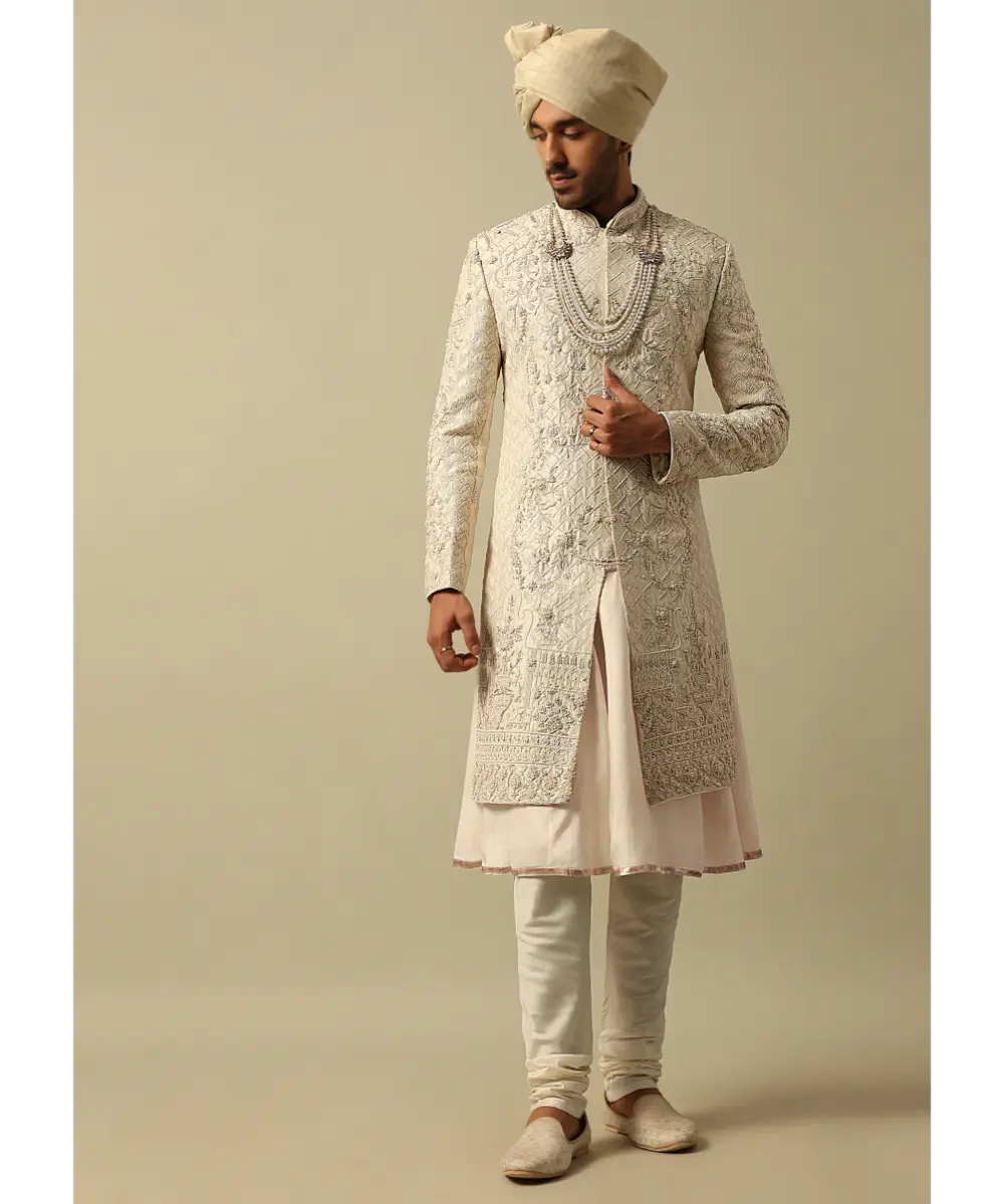 KALKI - Opulent White Raw Silk Sherwani