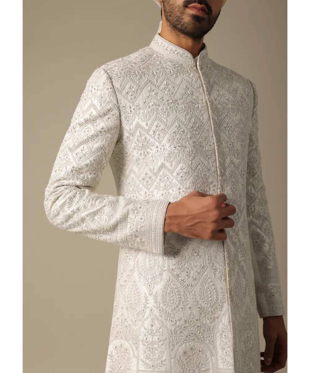 KALKI - Opulent White Silk Sherwani Set