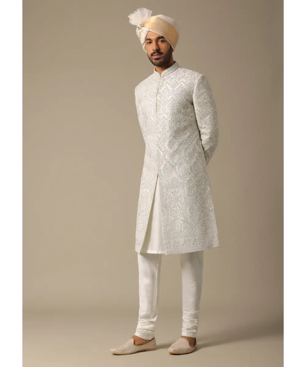 KALKI - Opulent White Silk Sherwani Set