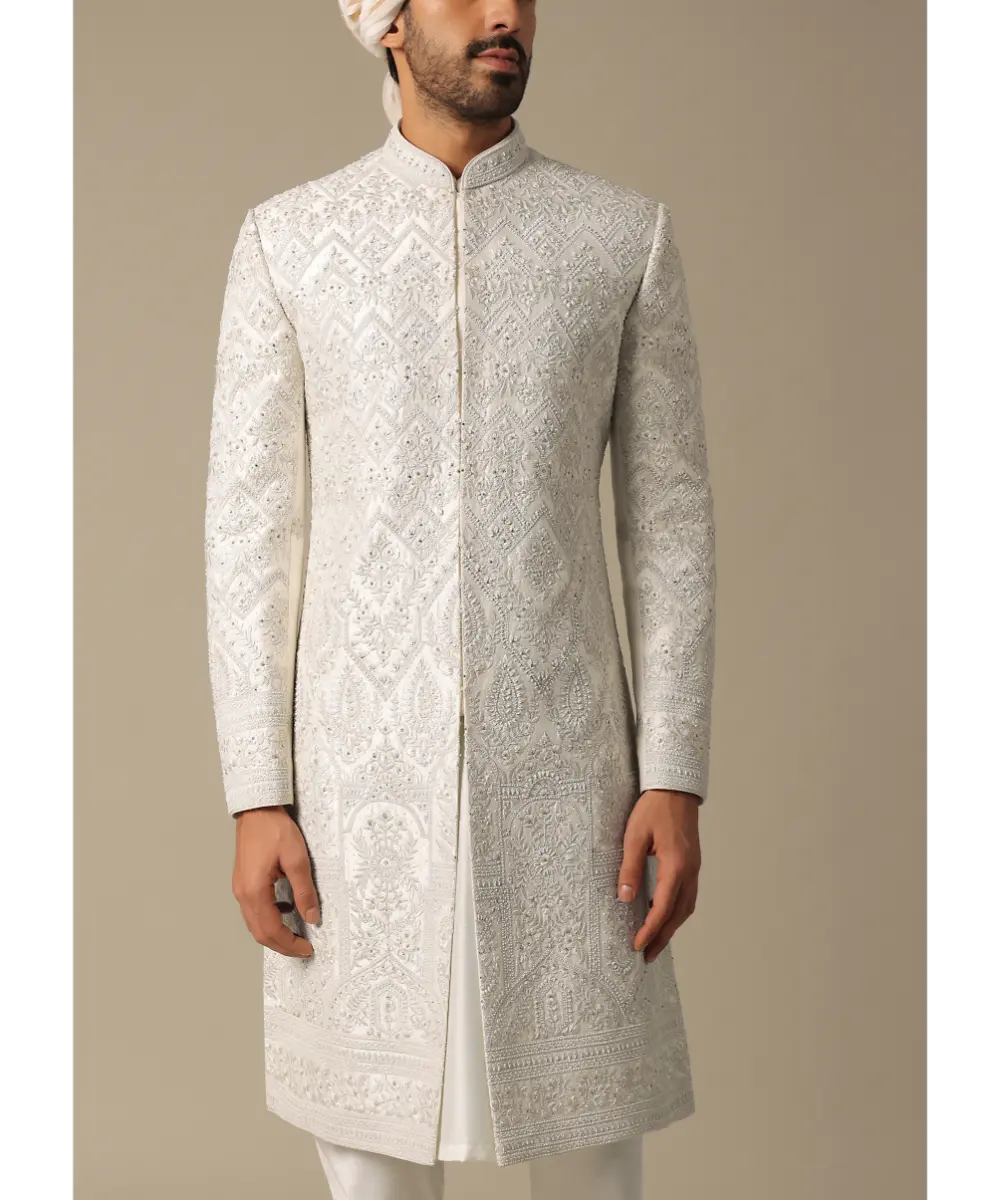 KALKI - Opulent White Silk Sherwani Set