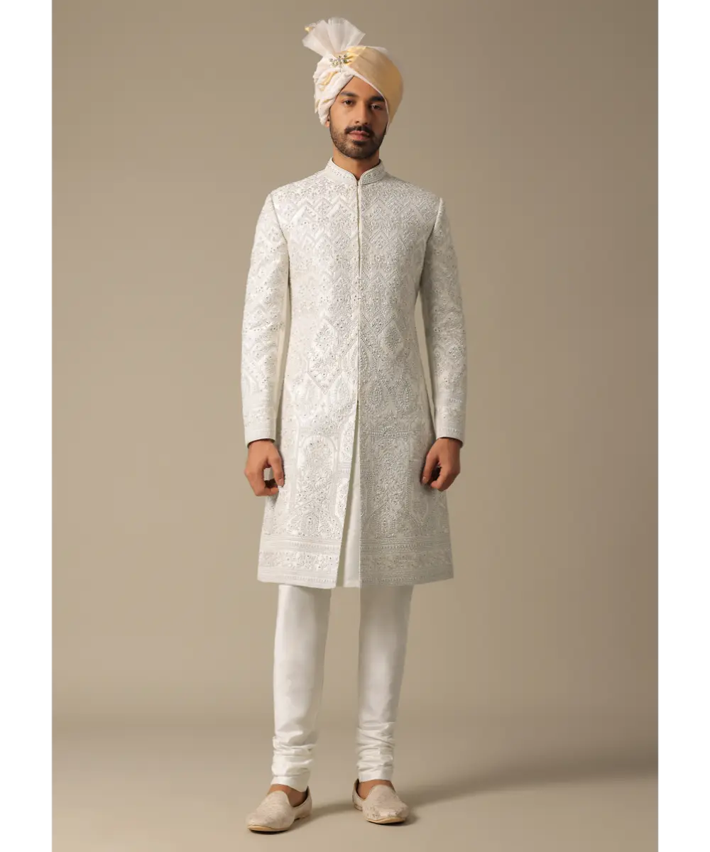 KALKI - Opulent White Silk Sherwani Set