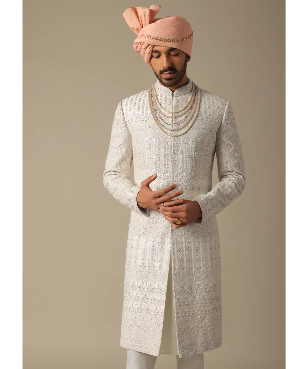 KALKI - Exquisite White Silk Sherwani Set