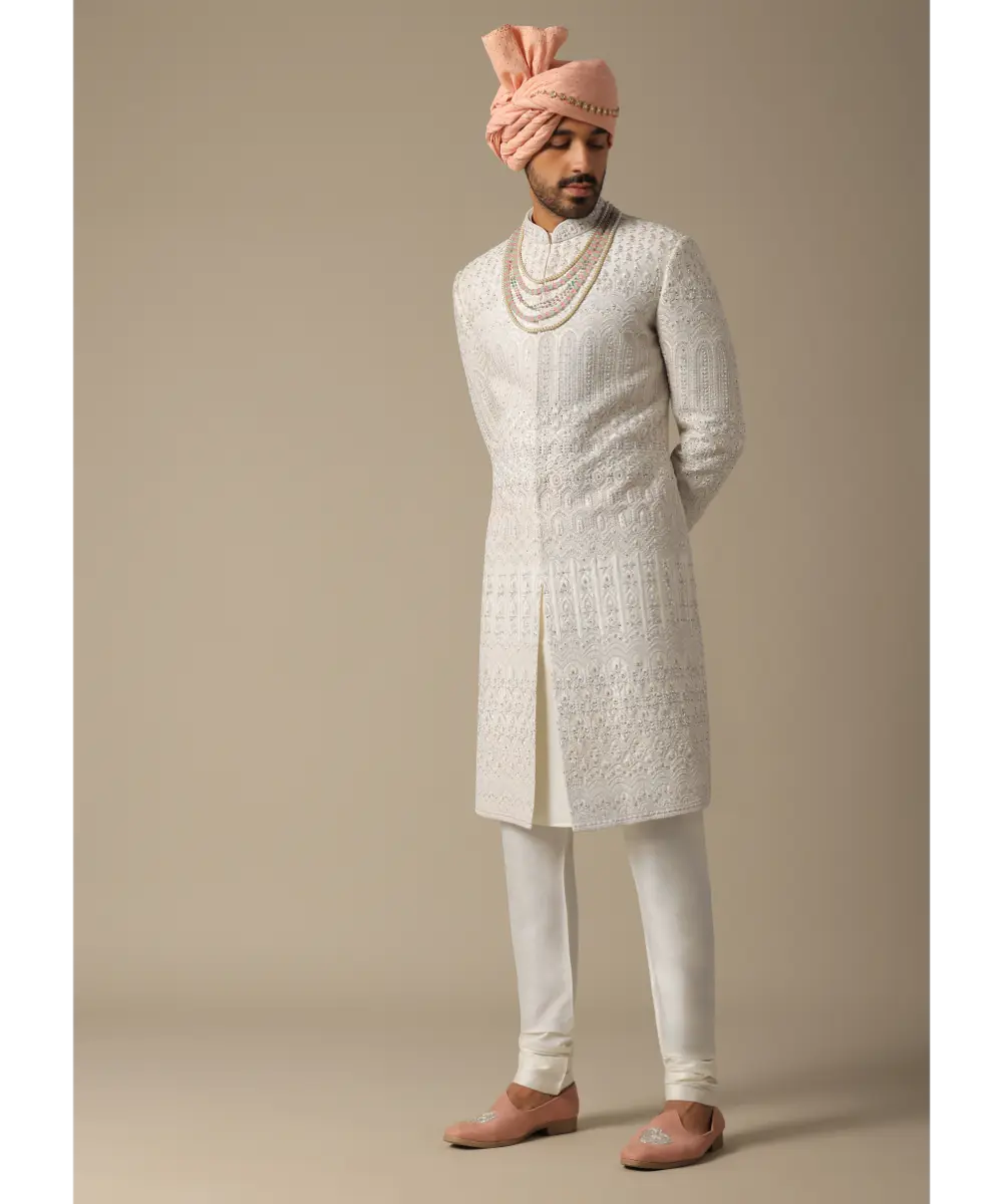 KALKI - Exquisite White Silk Sherwani Set